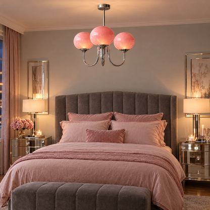 Mallow Glass Shade Chandelier in Chrome and Pink in a contemporary bedroom