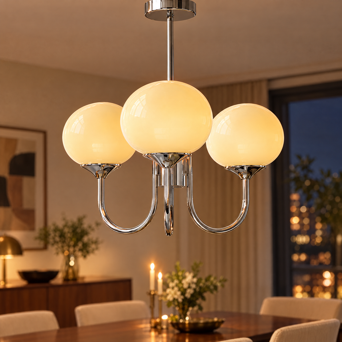 Mallow Glass Shade Chandelier in Chrome and Cream, close-up