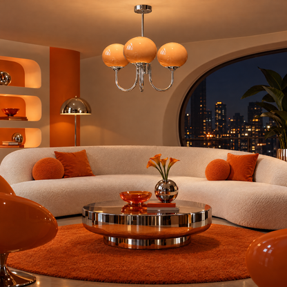 Mallow Glass Shade Chandelier in Chrome and Orange in a retro lounge