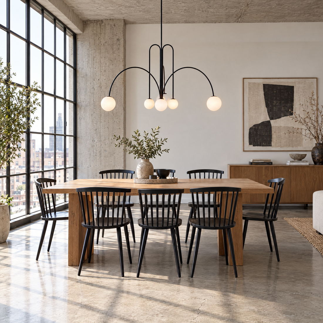 Finale Glass Globe Pendant Chandelier in Black above a loft dining table