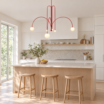 Finale Glass Globe Pendant Chandelier in Bright red above a kitchen island