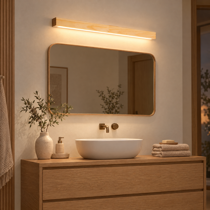 Arlo Linear Wood LED Wall Light in Wood Color above a bathroom vanity mirror