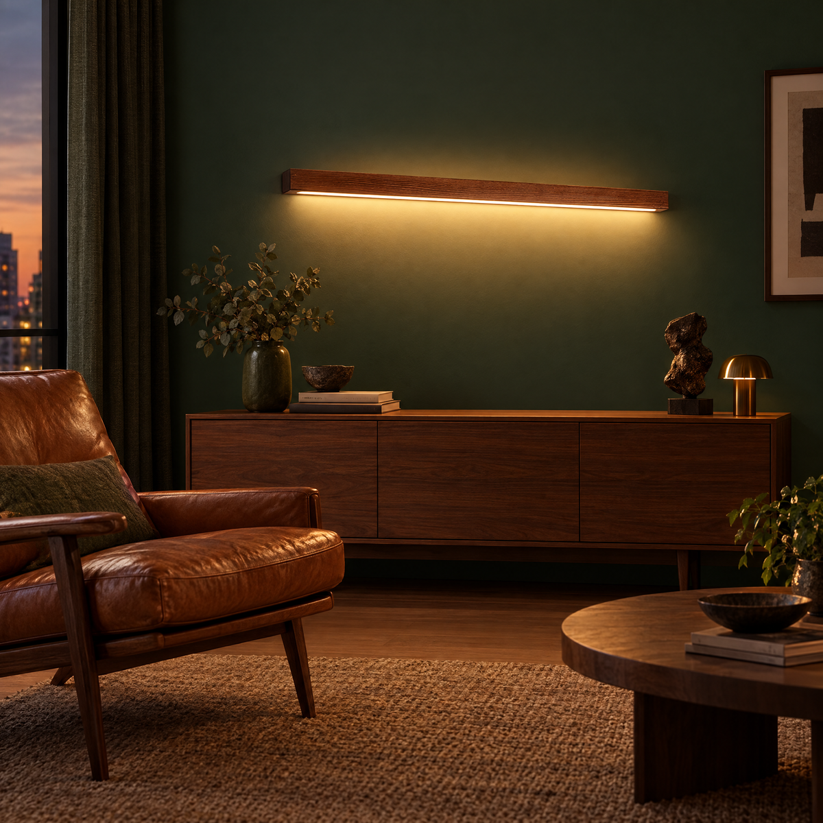Arlo Linear Wood LED Wall Light in Walnut Color in a green living room