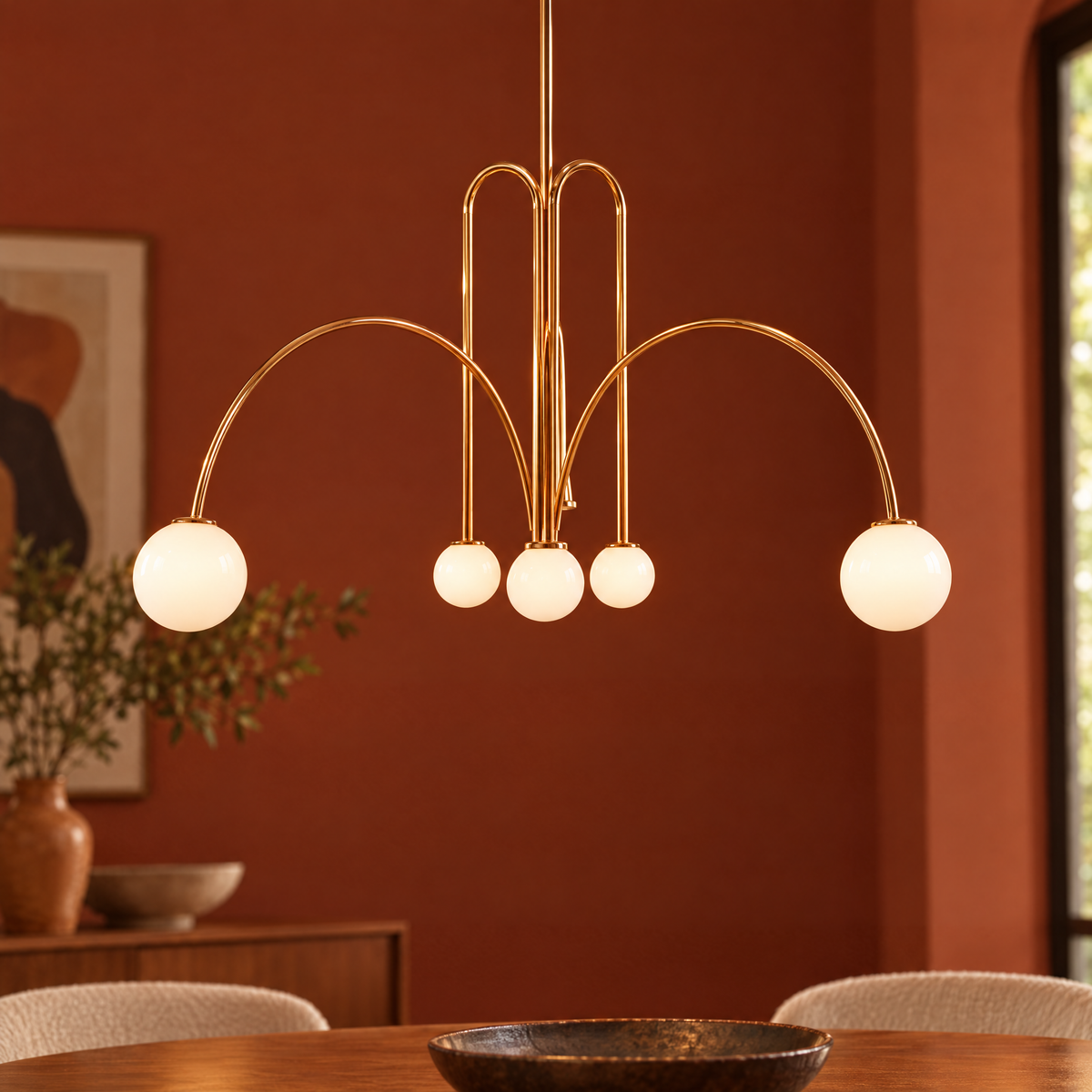 Finale Glass Globe Pendant Chandelier in Copper plated, close-up of glass globes