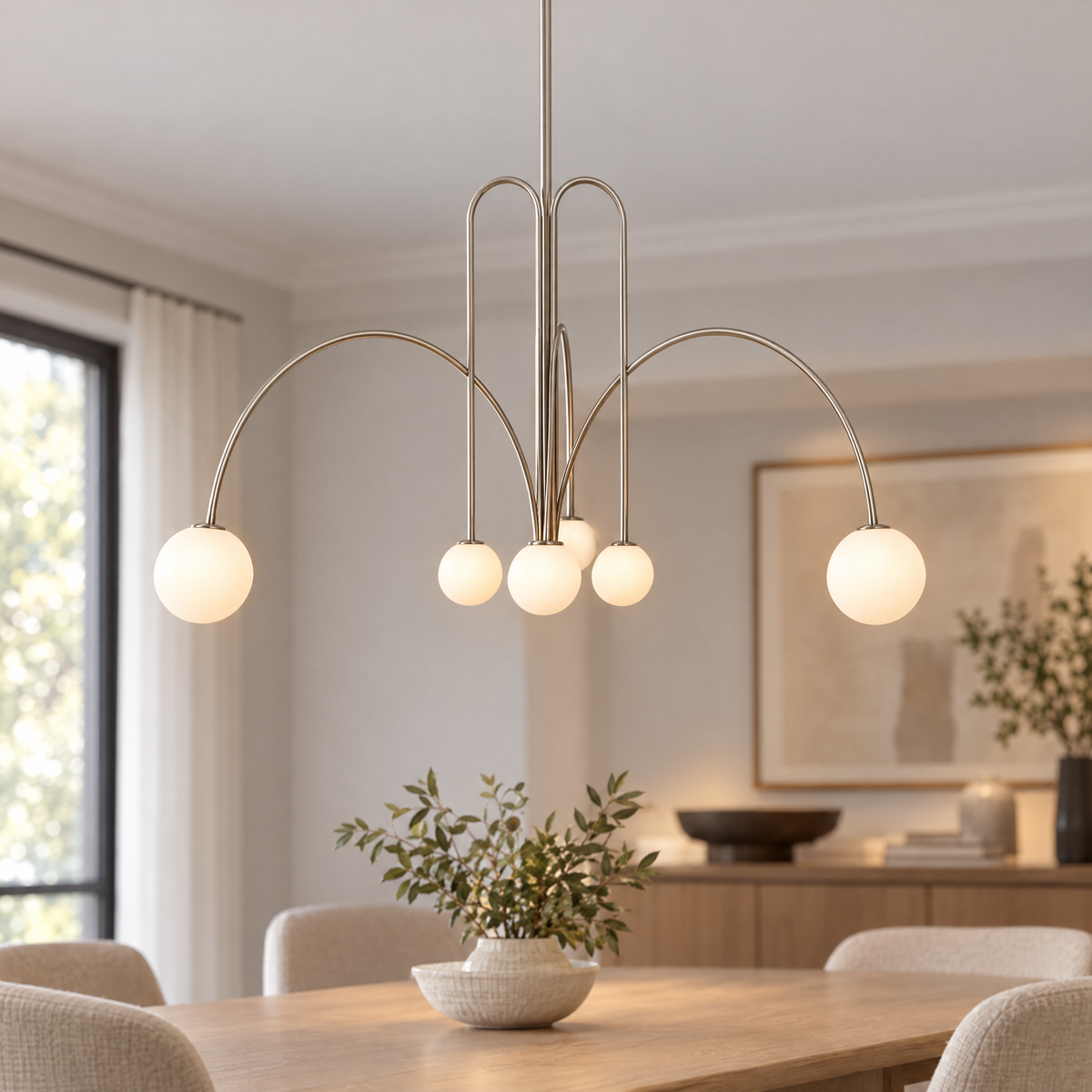 Finale Glass Globe Pendant Chandelier in Nickel, close-up of glass globes