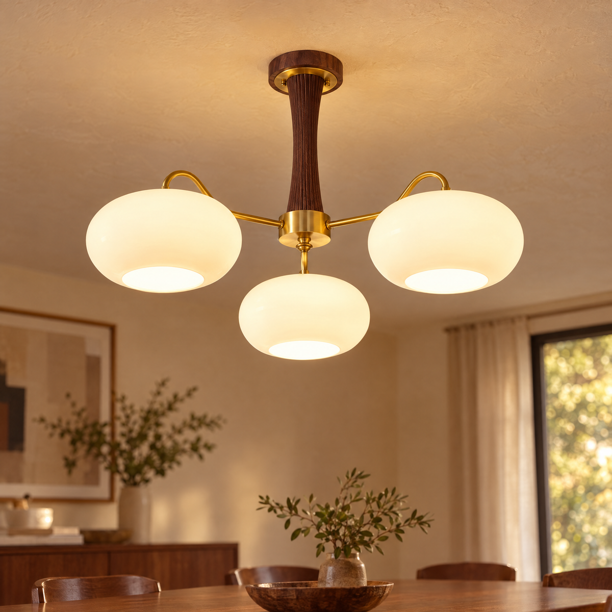 Kaki Brass and Wood Chandelier in Brass and Walnut, close-up of glass shades