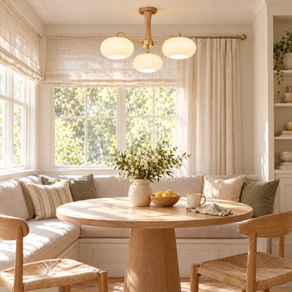 Kaki Brass and Wood Chandelier in Brass and Wood above a breakfast nook table