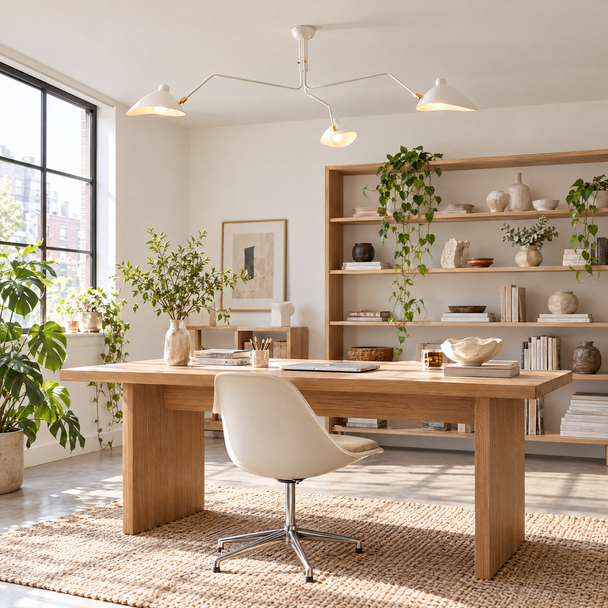 Trio Multi Arm Spider Ceiling Light in White above a studio office desk