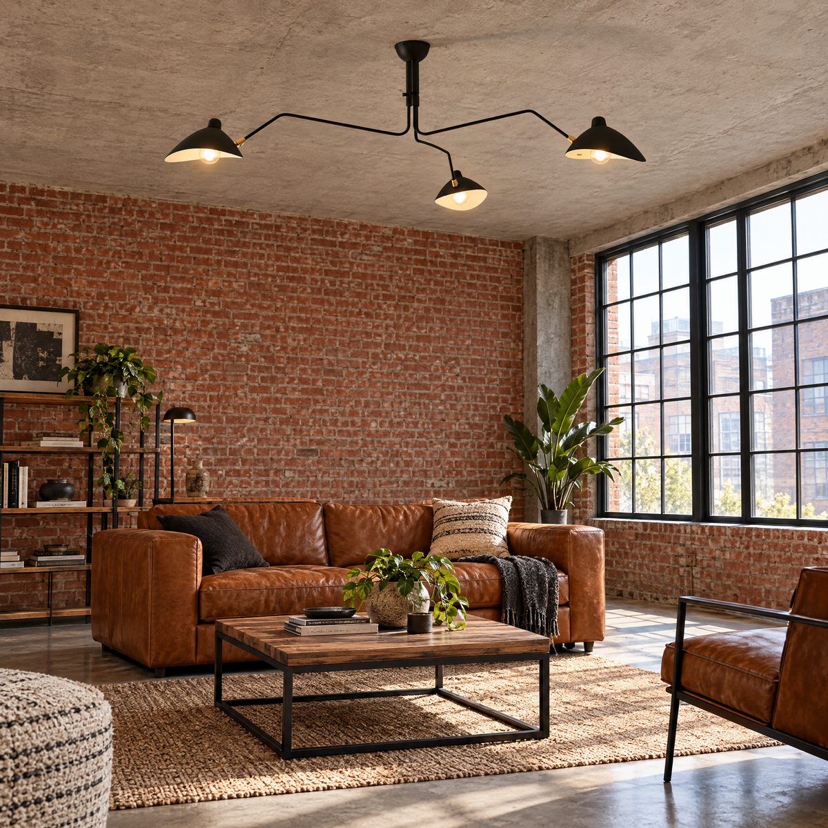Trio Multi Arm Spider Ceiling Light in Black in an industrial loft living room