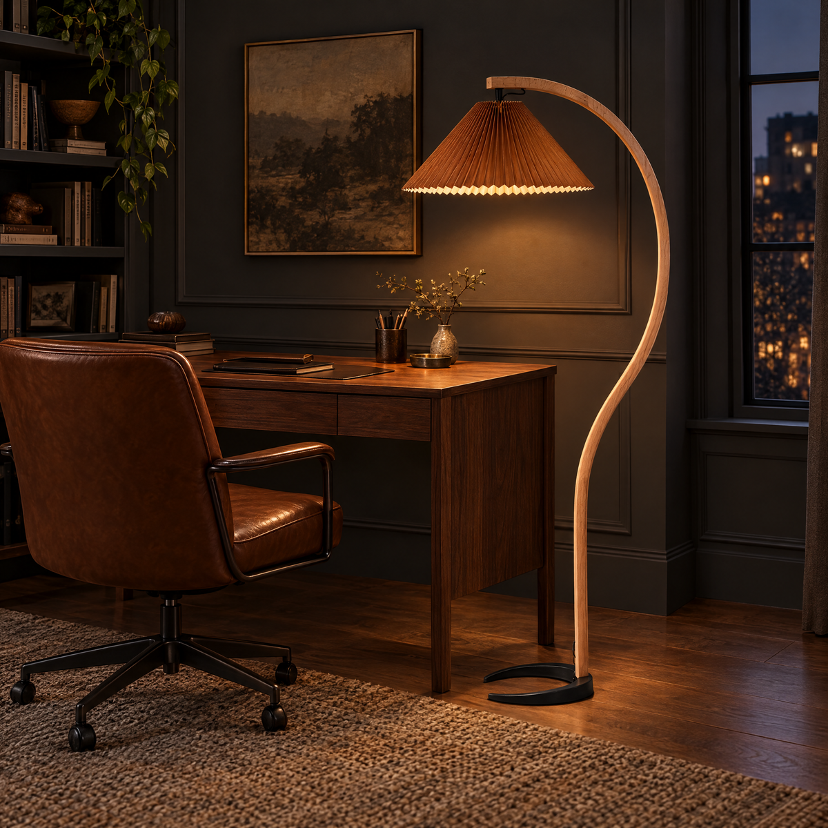 Caprani Beech Wood Linen Floor Lamp with Coffee shade in a study
