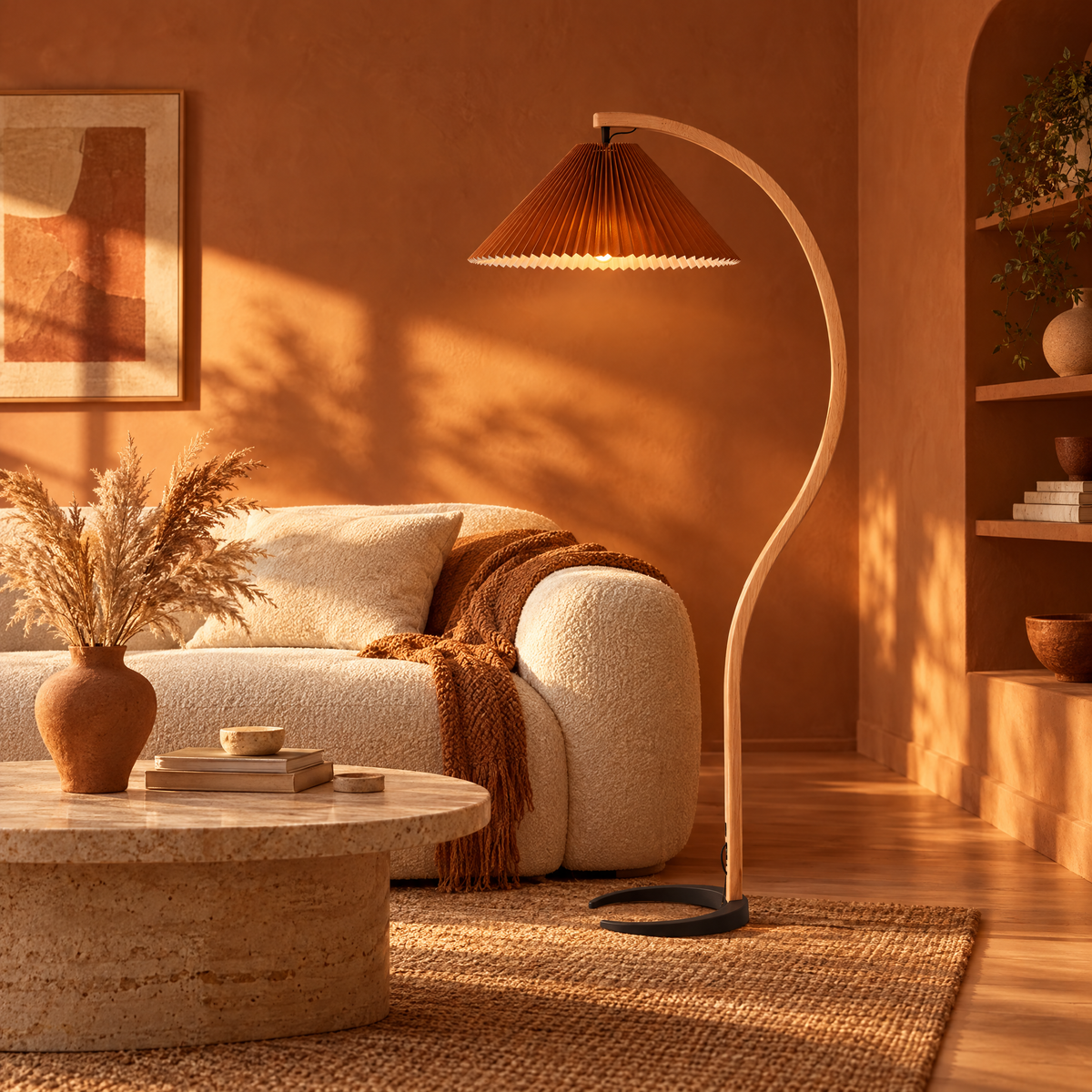 Caprani Beech Wood Linen Floor Lamp with Coffee shade in a terracotta living room