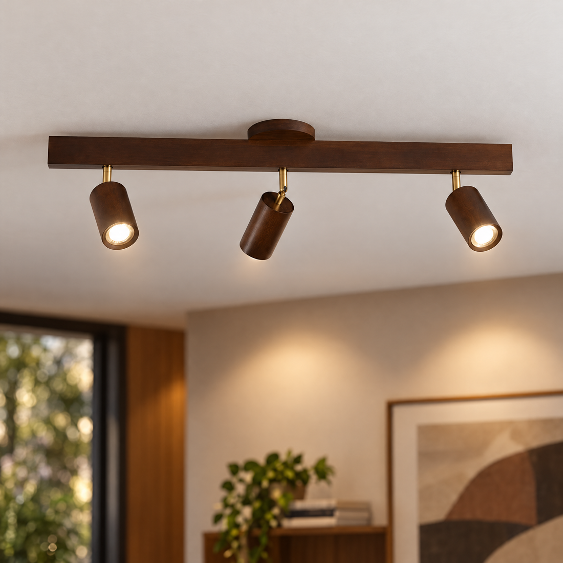 Rafter Wood Beam Spotlight Ceiling Light in Walnut Color, close-up of spotlight heads