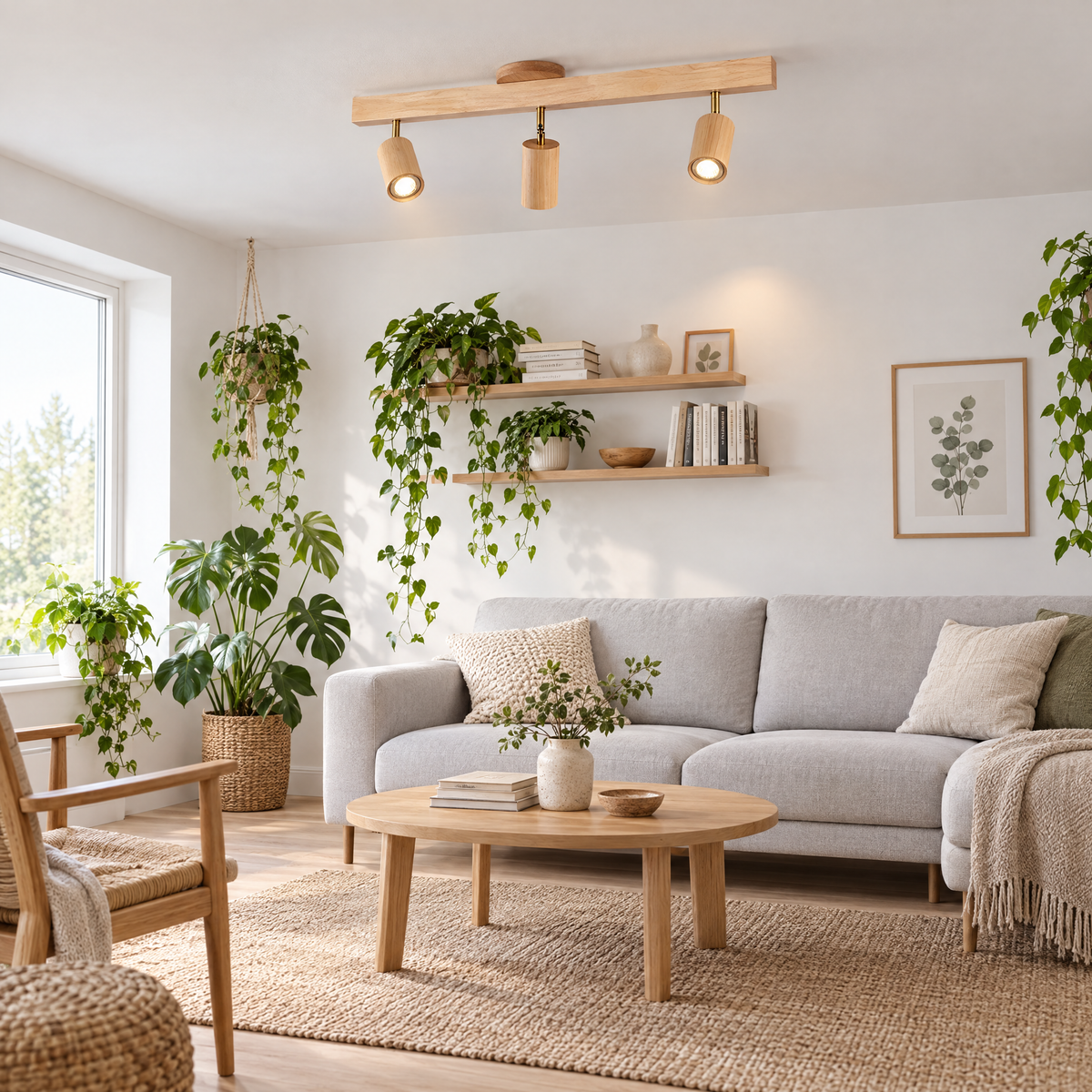 Rafter Wood Beam Spotlight Ceiling Light in Wood Color in a Scandinavian living room