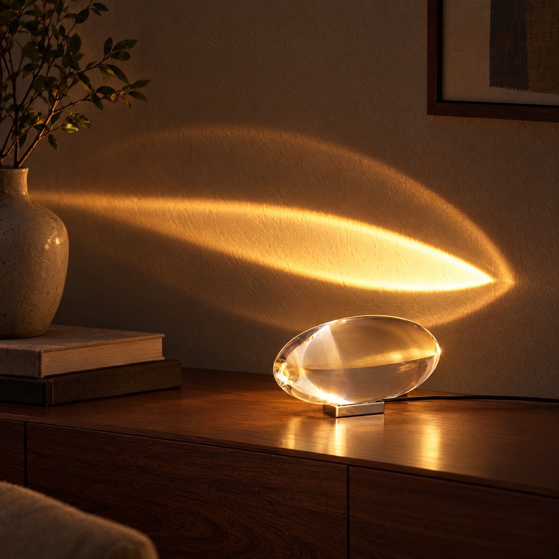 Atman Crystal Glass LED Table Lamp, Warm Light, close-up on a walnut sideboard