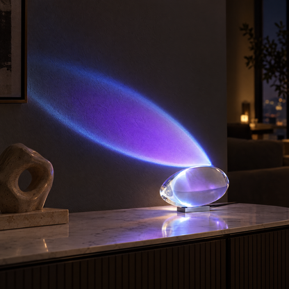 Atman Crystal Glass LED Table Lamp, Blue purple light, close-up on a marble console