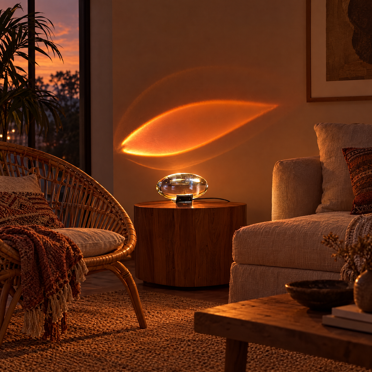 Atman Crystal Glass LED Table Lamp, Sunset red, in a boho living room