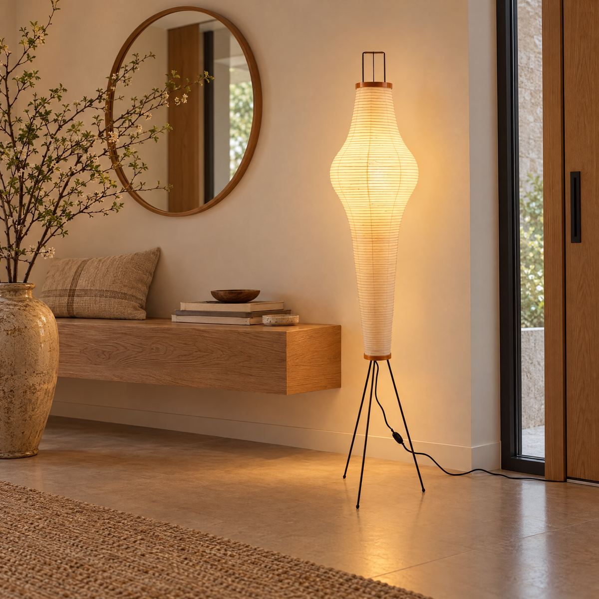 Washi Rice Paper Floor Lamp Style B in an entryway