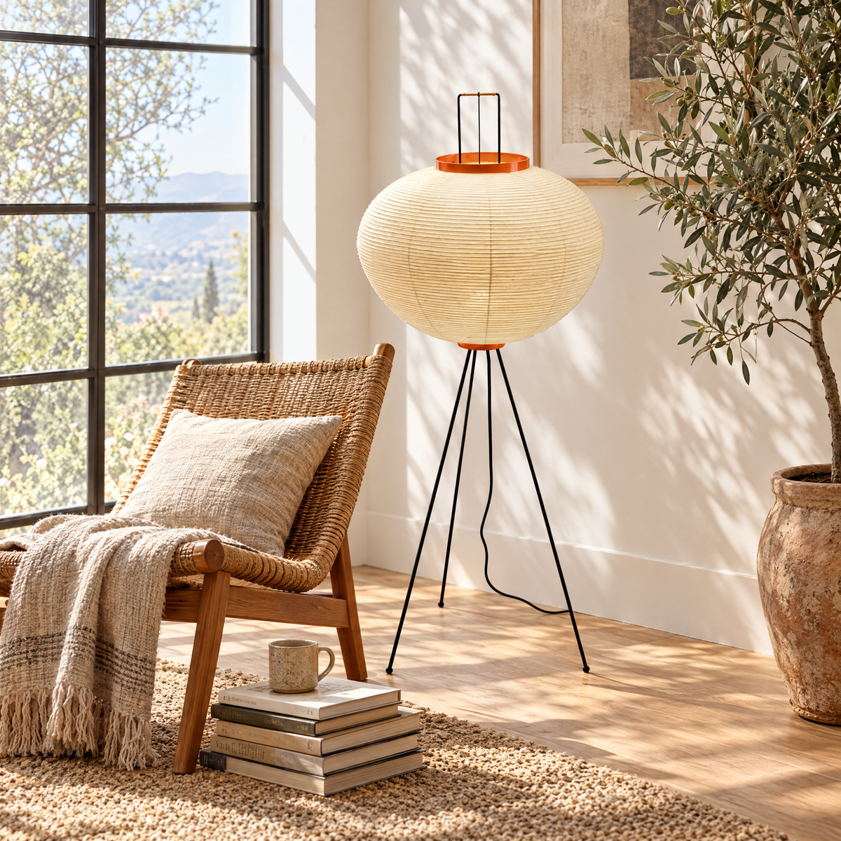 Washi Rice Paper Floor Lamp Style A in a sunlit reading nook