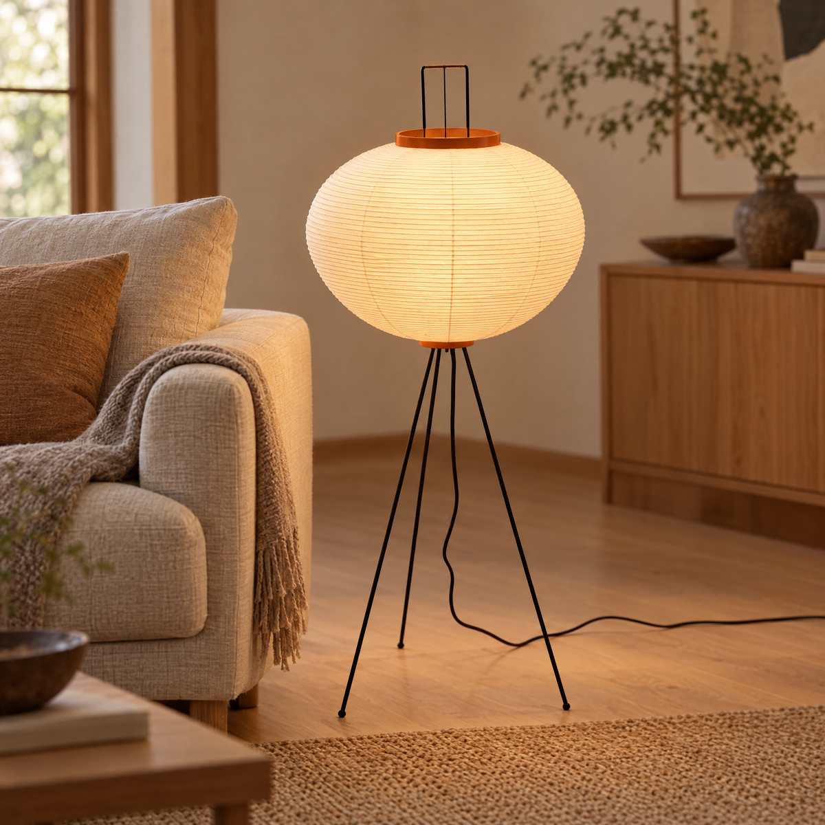 Washi Rice Paper Floor Lamp Style A, close-up of the paper lantern shade