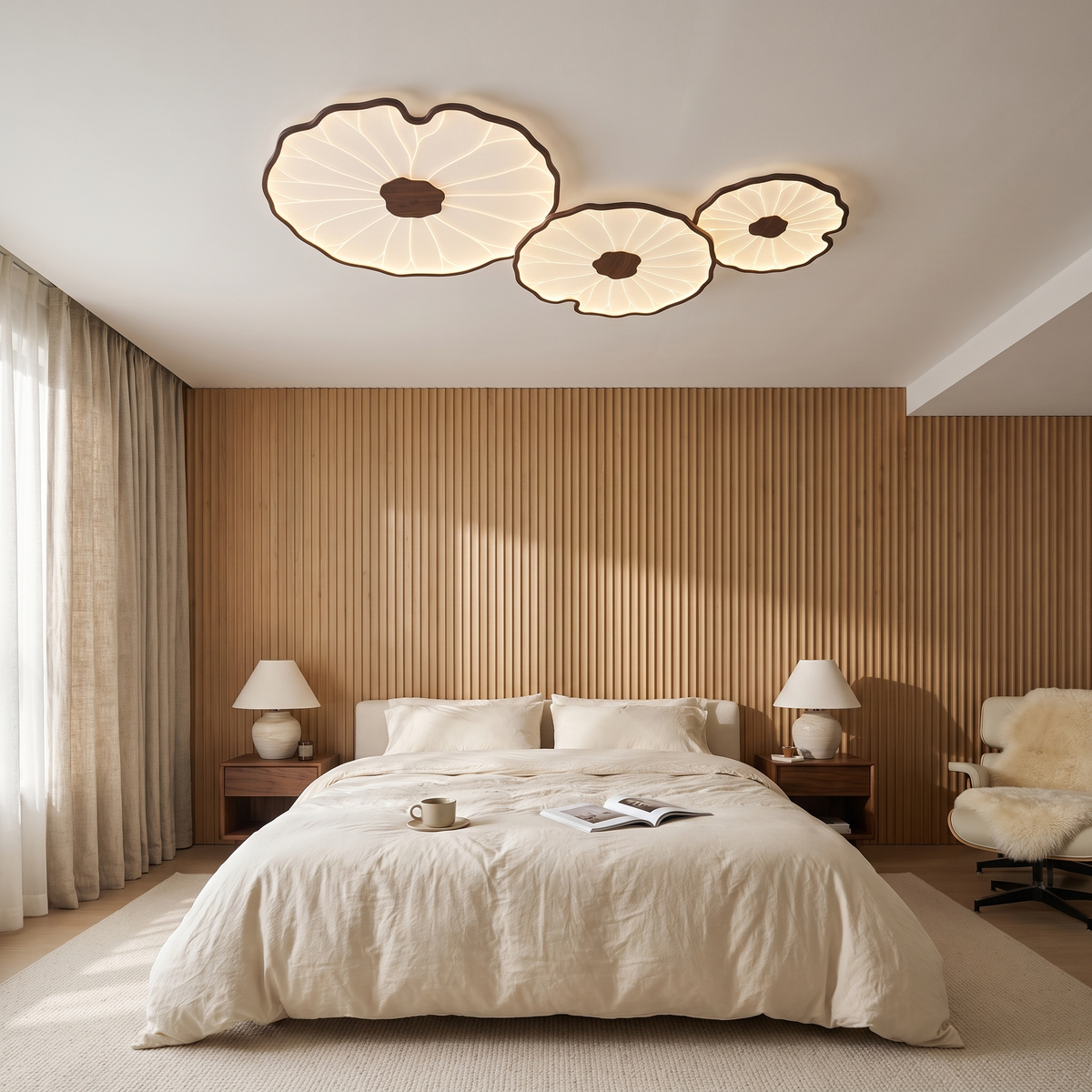 Nymphea three leaf walnut ceiling light in a primary bedroom
