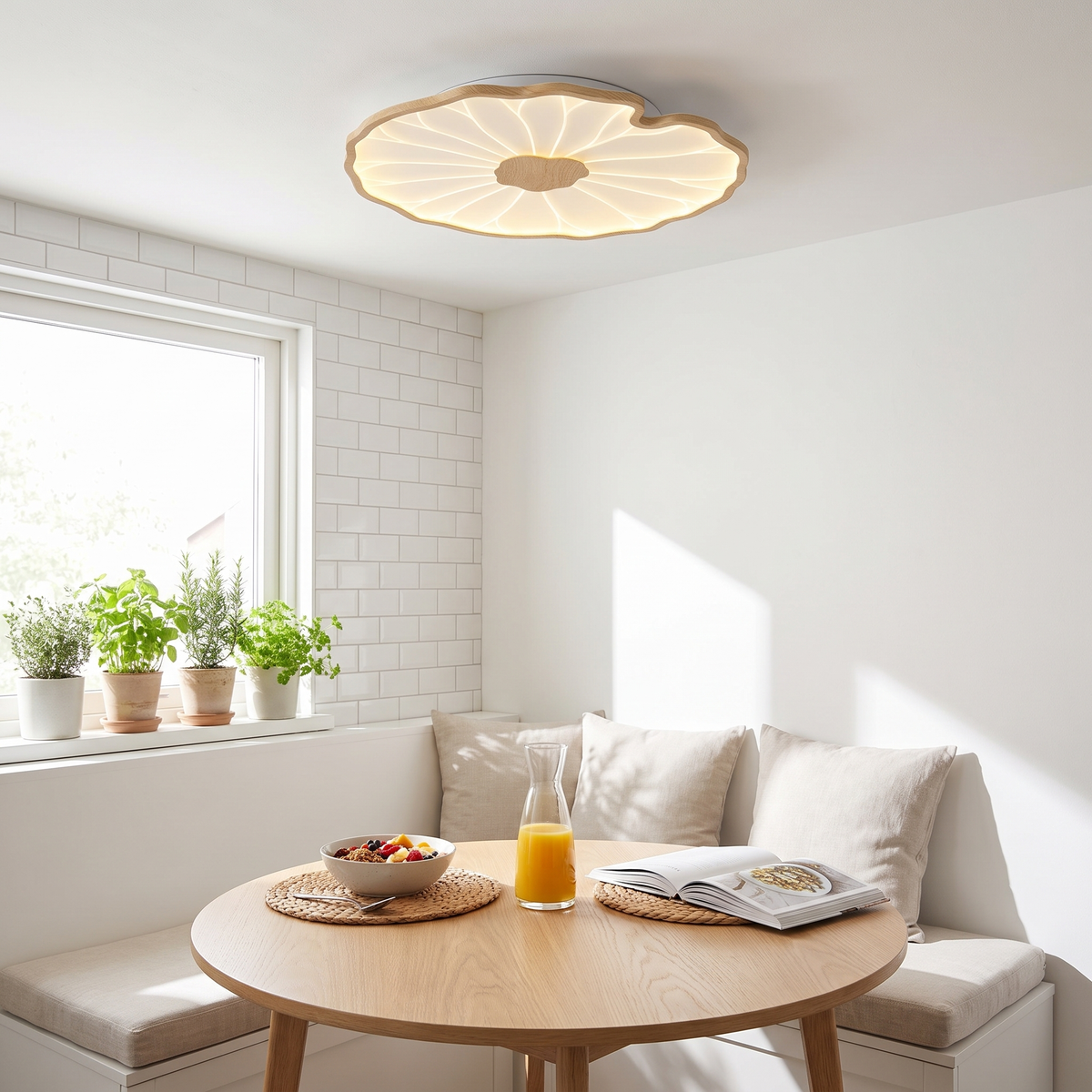 Nymphea round natural wood lotus leaf ceiling light in a Scandinavian breakfast nook