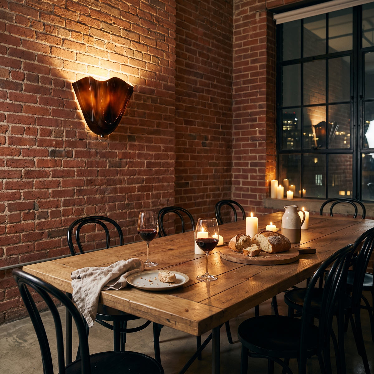 Petalia Brown glass wall sconce in an industrial loft dining room