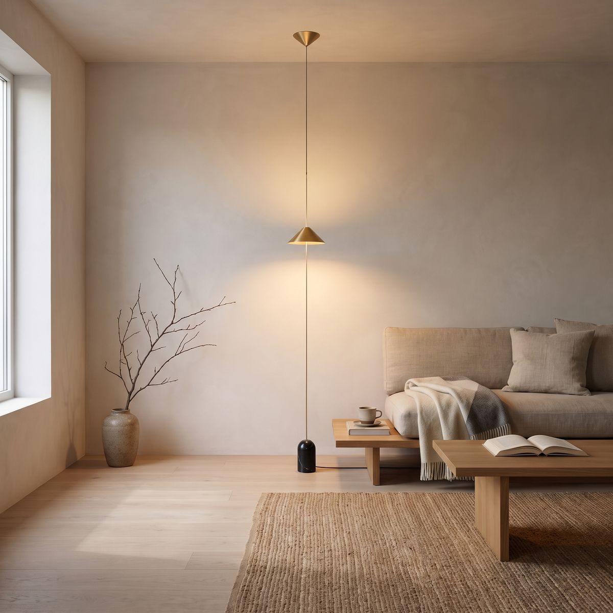 Soreluna 1 Light floor to ceiling LED floor lamp in a Japandi living room