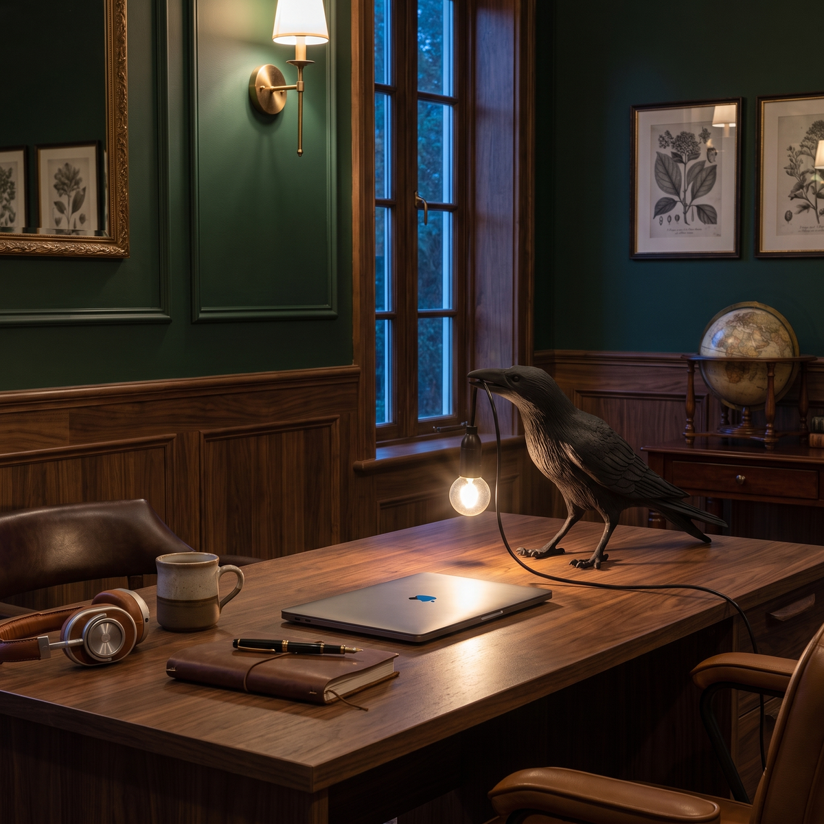 Corbeau black upright raven table lamp in a dark academia home office