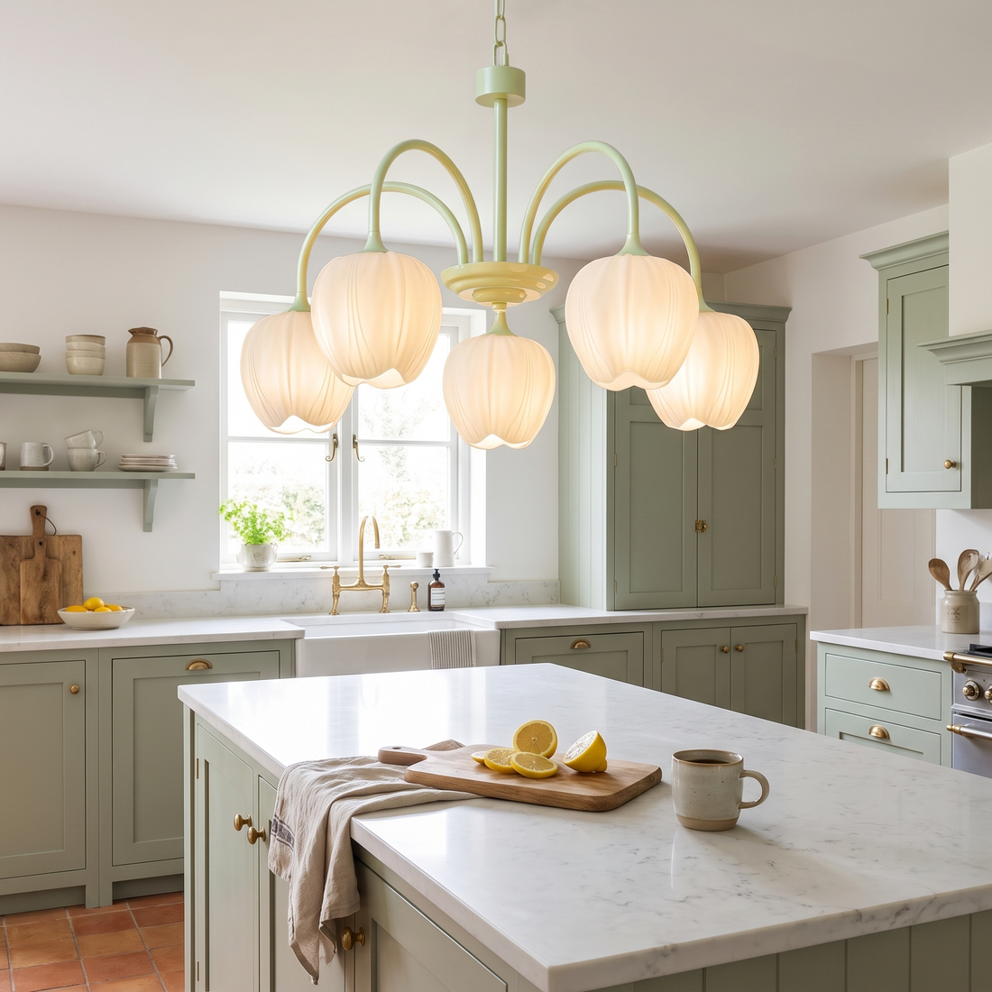 Tulipa 5 heads Matcha &amp; White glass tulip chandelier in a cottage kitchen