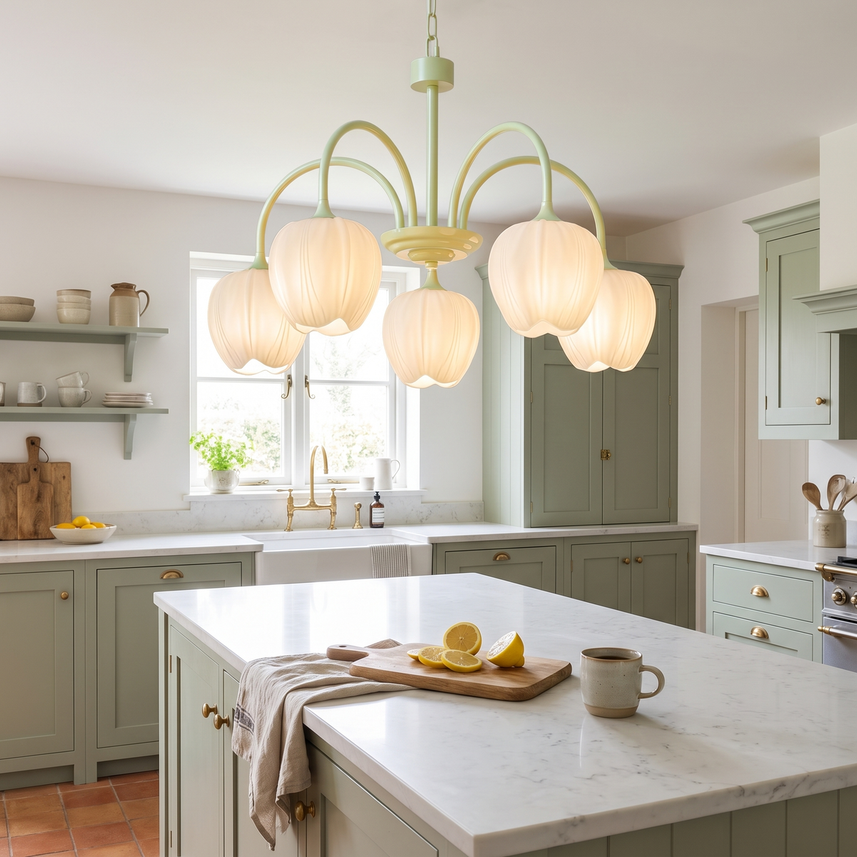 Tulipa 5 heads Matcha &amp; White glass tulip chandelier in a cottage kitchen