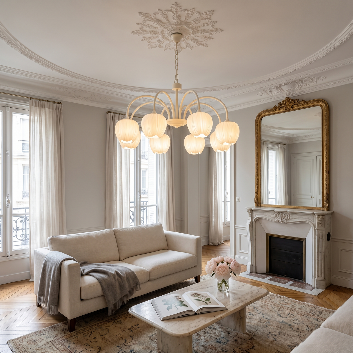 Tulipa 8 heads Creamy white &amp; White glass tulip chandelier in a Parisian salon
