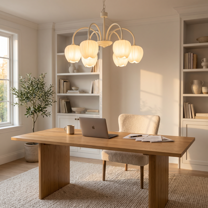 Tulipa 6 heads Creamy white &amp; White glass tulip chandelier in a home office