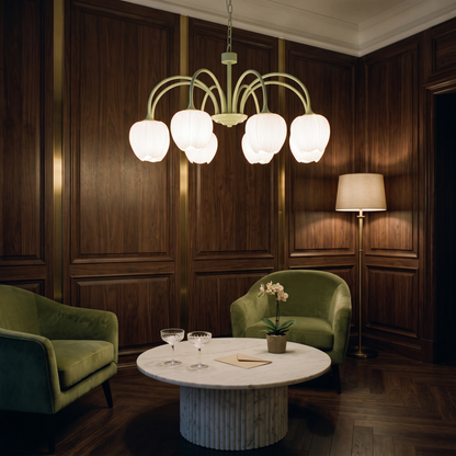 Tulipa 8 heads Matcha &amp; White glass tulip chandelier in a hotel lounge