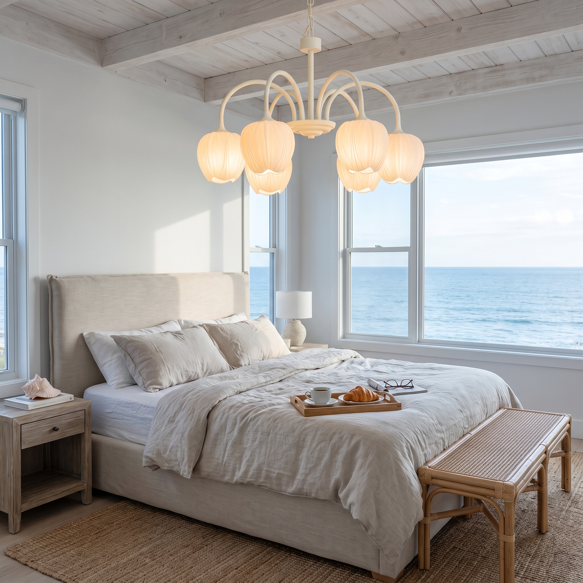 Tulipa 6 heads Creamy white &amp; White glass tulip chandelier in a coastal bedroom
