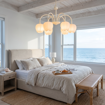 Tulipa 6 heads Creamy white &amp; White glass tulip chandelier in a coastal bedroom
