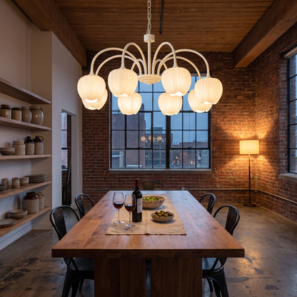 Tulipa 8 heads Creamy white &amp; White glass tulip chandelier in an industrial loft dining area