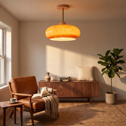 Disca natural wood and orange glass ceiling light in a mid-century living room