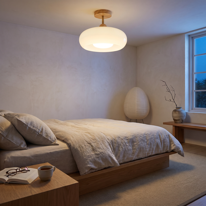 Disca natural wood and white glass ceiling light in a Japandi bedroom