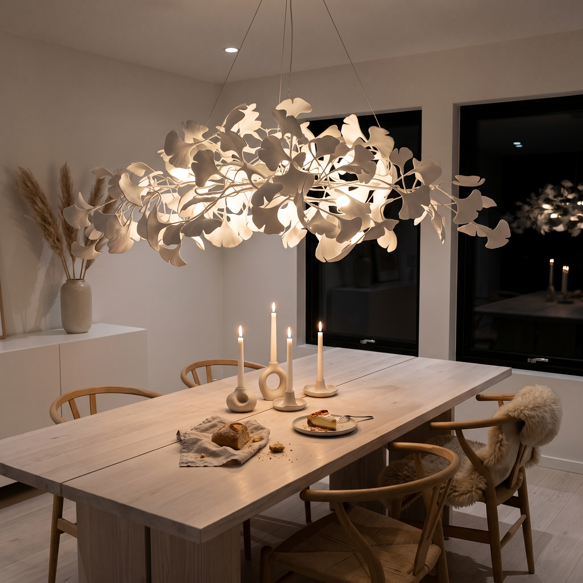 Icho White linear ginkgo leaf chandelier in a Scandinavian dining room