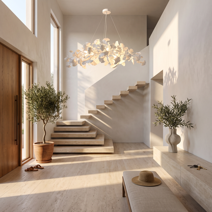 Icho White linear ginkgo leaf chandelier in a modern villa entrance hall