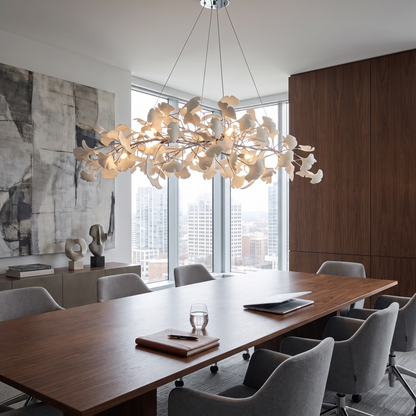 Icho Nickel linear ginkgo leaf chandelier in an executive boardroom