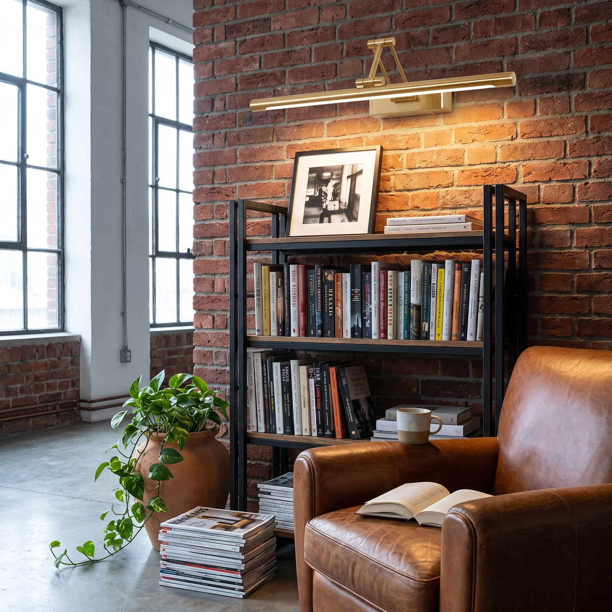 Brillan Model B gold LED picture light in an industrial loft reading corner