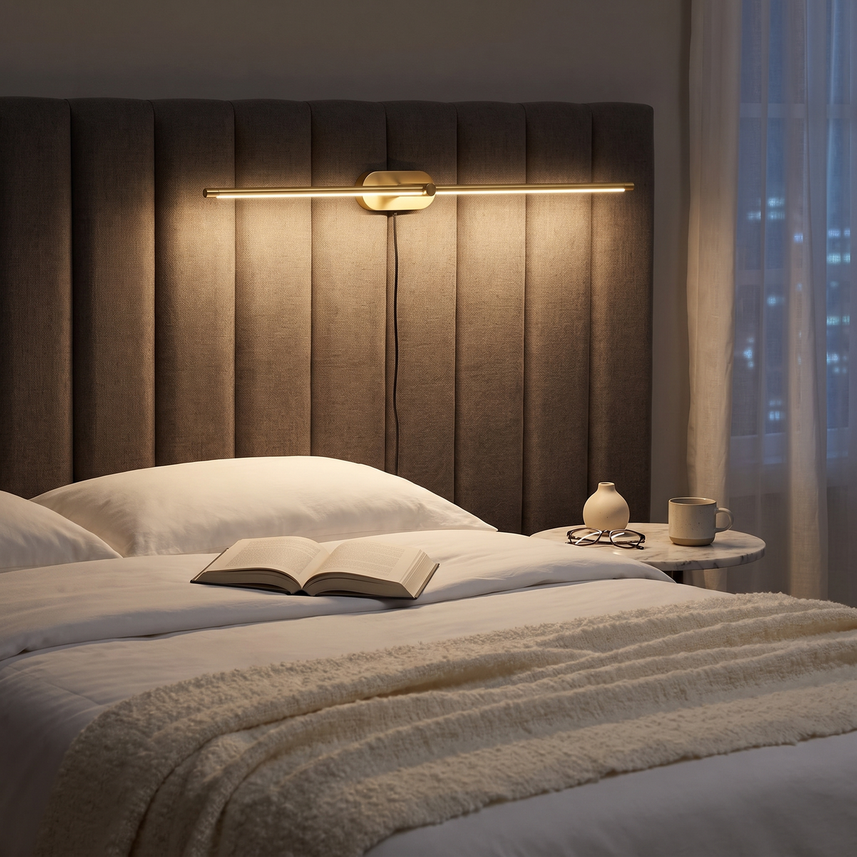 Lumio Gold &amp; Warm Light linear plug-in wall lamp in a hotel-style bedroom above the headboard