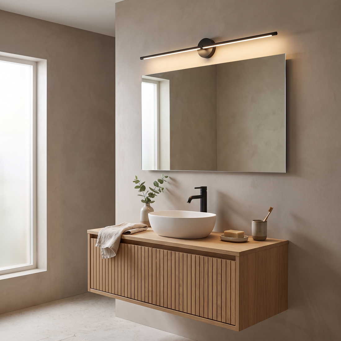 Arlen Black linear LED wall light above a vanity mirror in a Japandi bathroom