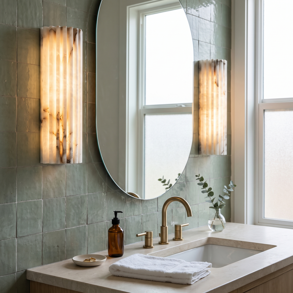 Alvia White alabaster wall sconces flanking a bathroom vanity mirror
