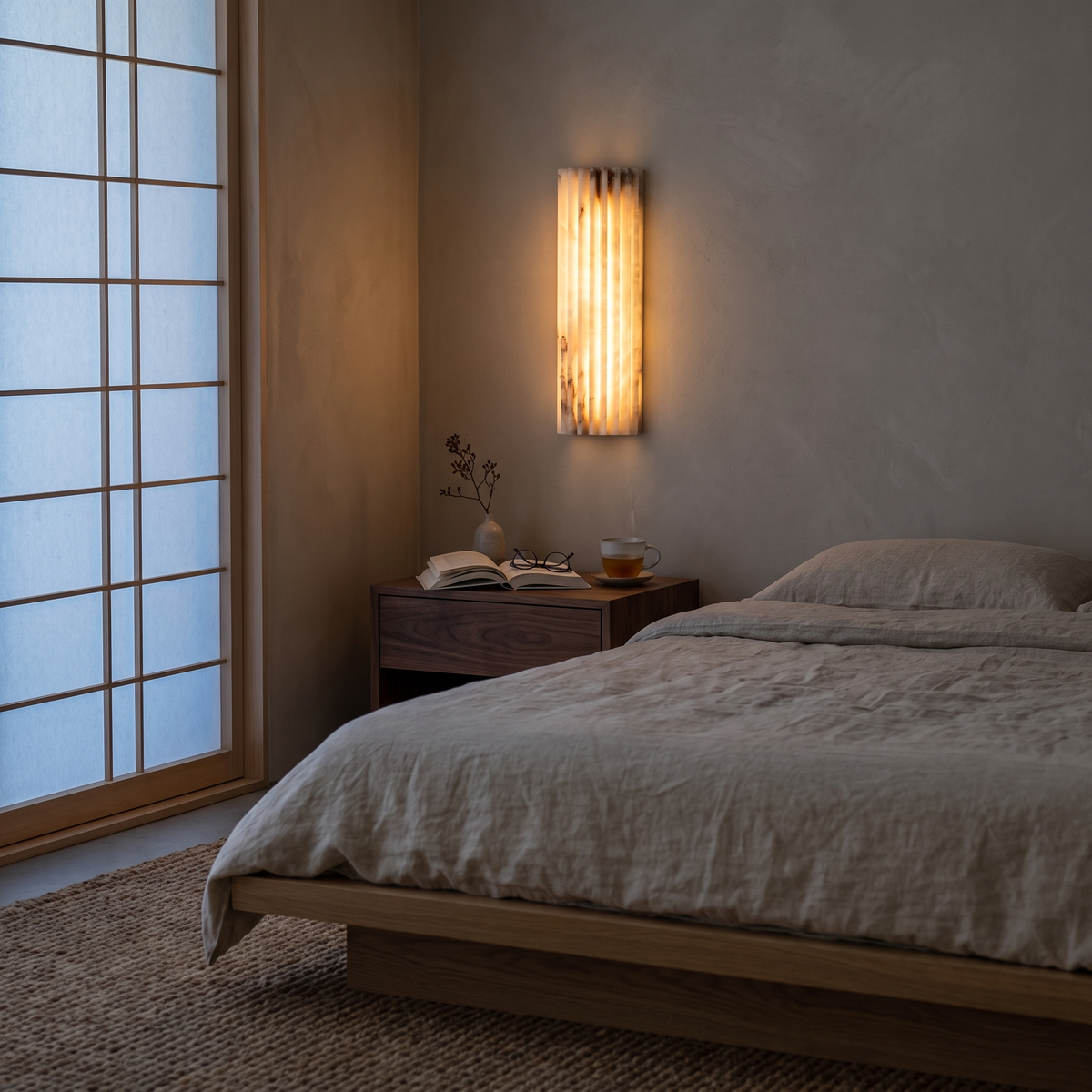 Alvia White alabaster wall sconce in a Japandi bedroom beside the bed