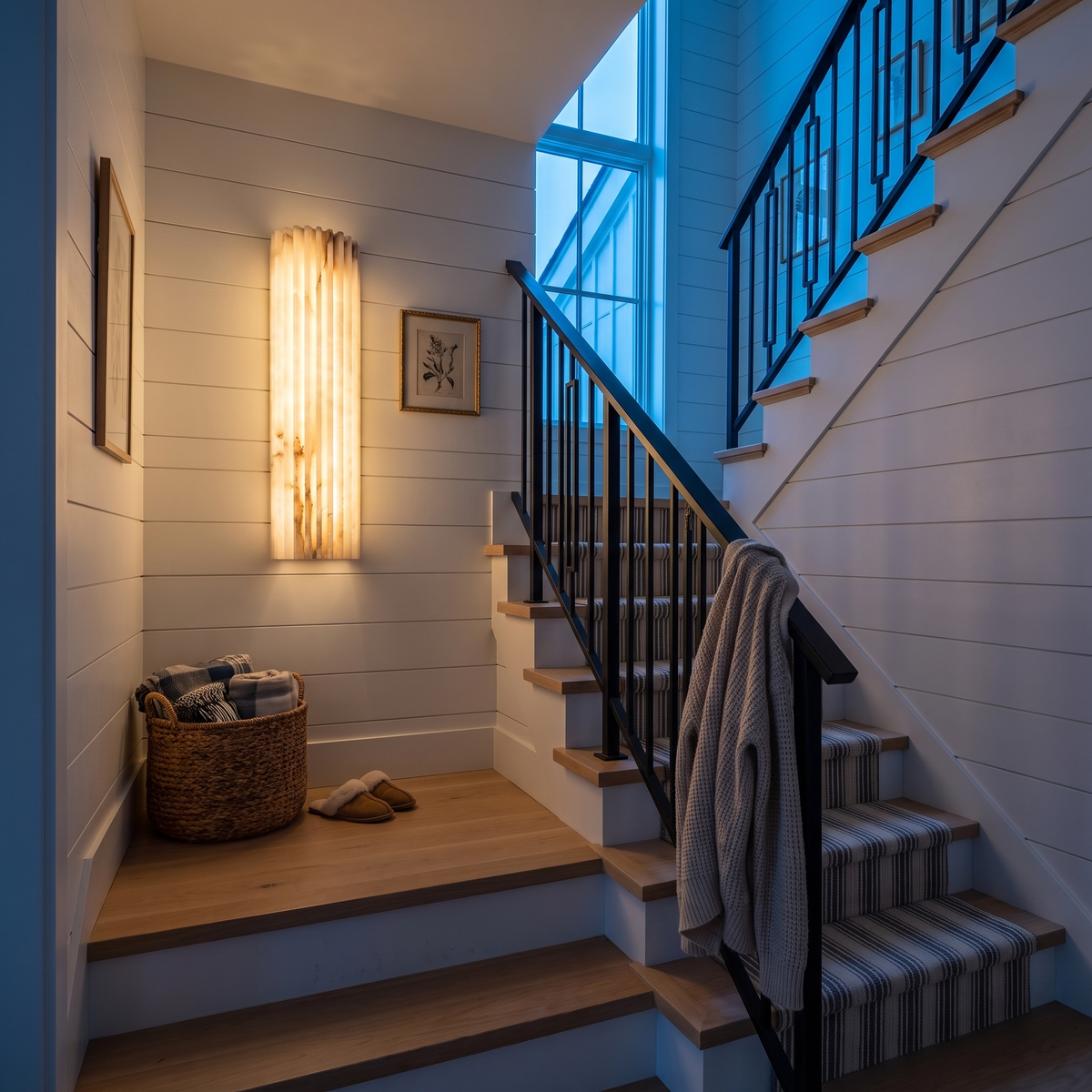 Alvia White alabaster wall sconce beside a farmhouse staircase