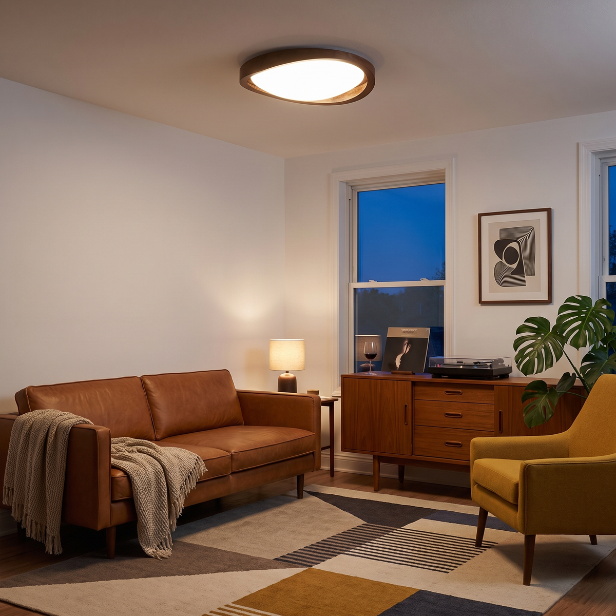 Noyer Model A walnut wood grain flush mount ceiling light in a mid-century living room