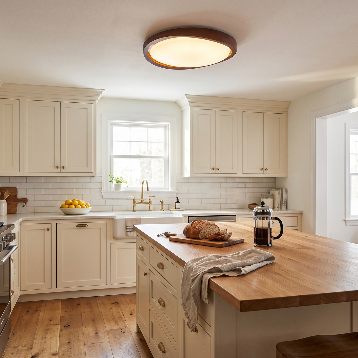 Noyer Model B walnut color flush mount ceiling light in a farmhouse kitchen