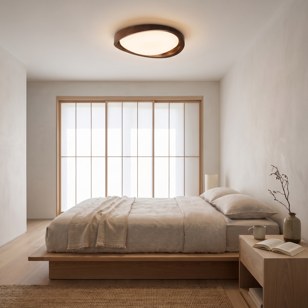 Noyer Model A walnut wood grain flush mount ceiling light in a Japandi bedroom